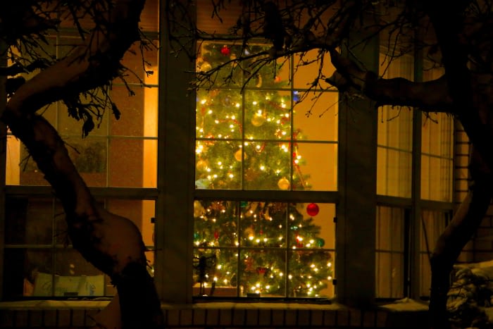 Widok na świąteczne okno przez które widać choinkę w godzinach wieczornych